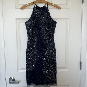Aidan Mattox beaded dark blue halter evening dress